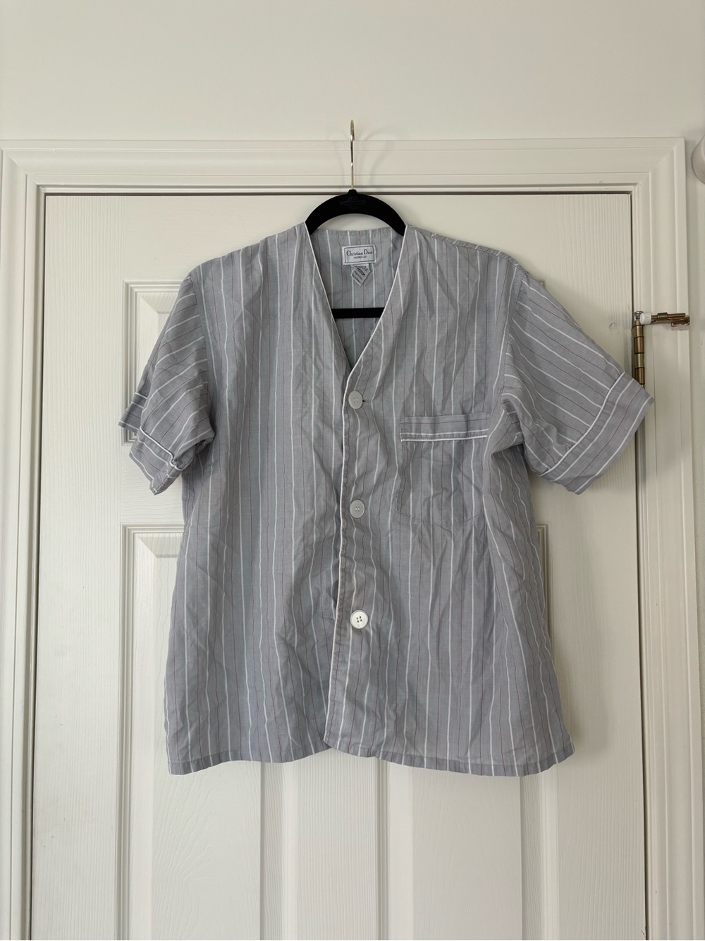 Dior Light Gray and White Striped Short-Sleeve Button Pajamas Top